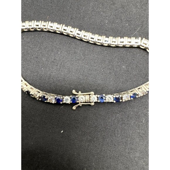 Sterling Silver Blue Sapphire White Stones Tennis Bracelet With Box Clasp - Picture 3 of 6